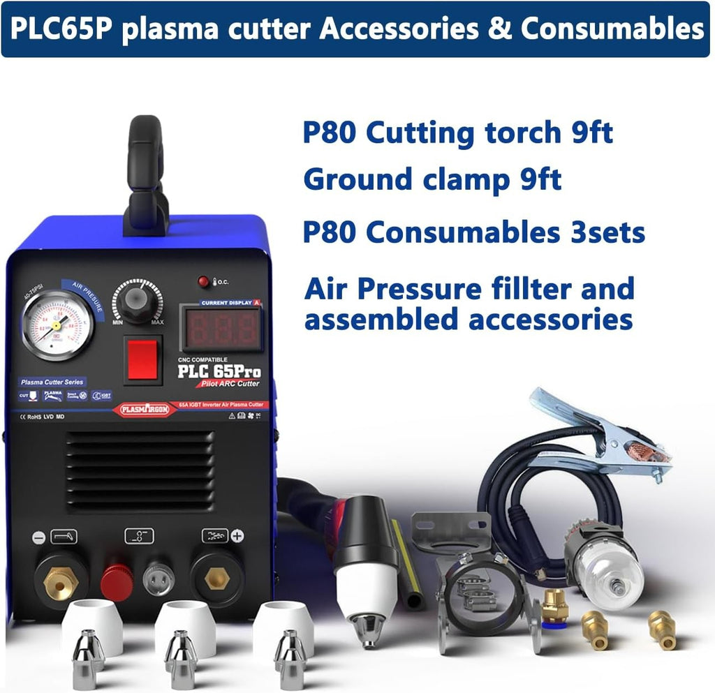 PLC65Pro accessories and consumables: P80 cutting torch 9 ft, ground clamp 9 ft, 3 sets P80 consumables, air pressure filter and assembled accessories