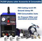 PLC65Pro accessories and consumables: P80 cutting torch 9 ft, ground clamp 9 ft, 3 sets P80 consumables, air pressure filter and assembled accessories