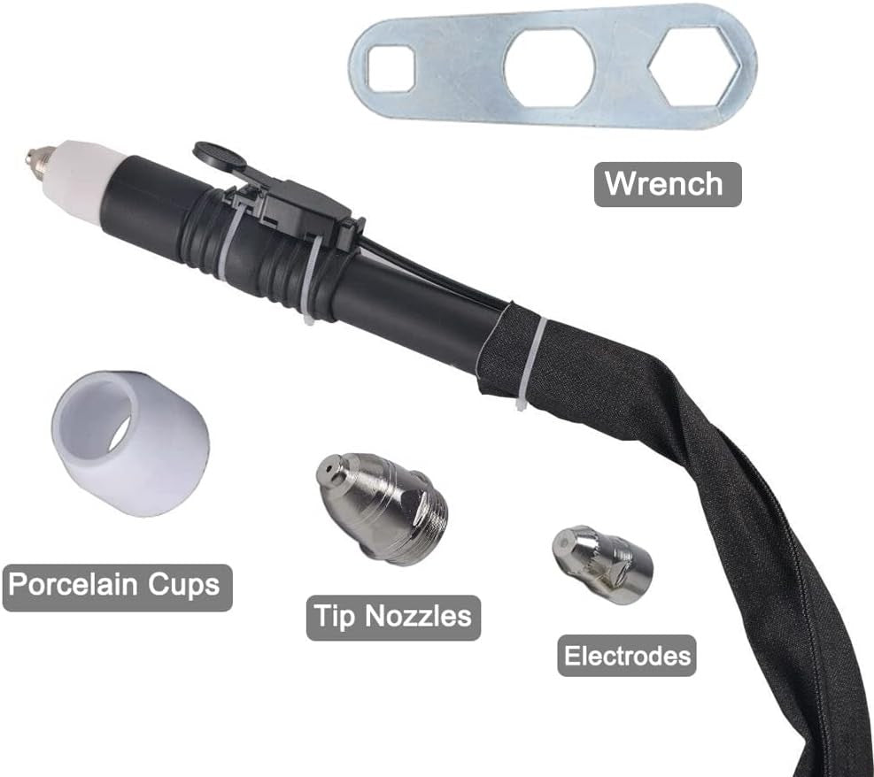 P80 plasma torch package contents: straight head torch, wrench, porcelain cups, tip nozzles and electrodes