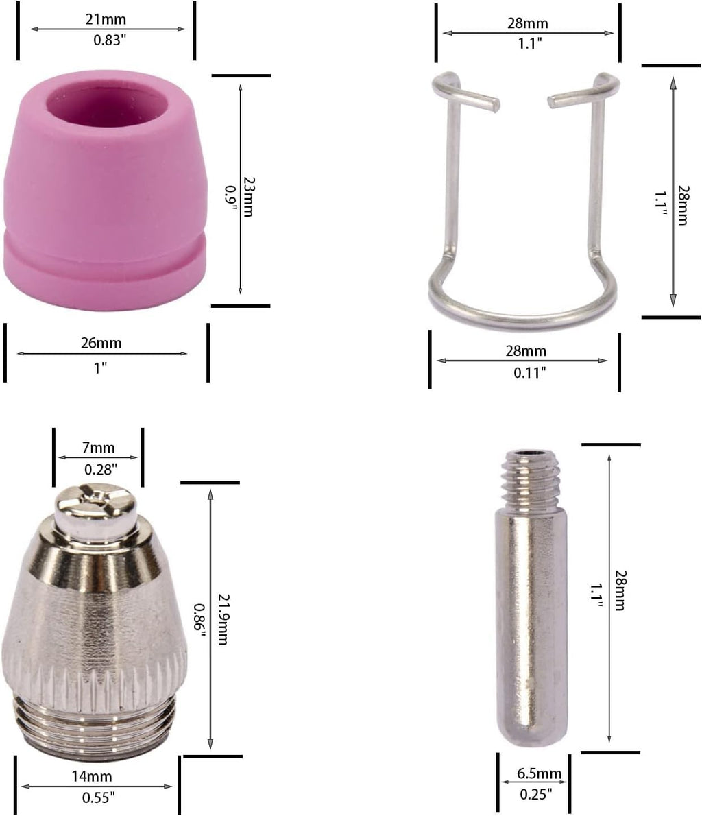 WSD60 torch consumables with dimensions: shield cup, wire guide, nozzle and electrode measured in millimeters