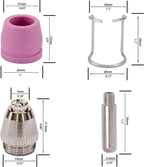 WSD60 torch consumables with dimensions: shield cup, wire guide, nozzle and electrode measured in millimeters