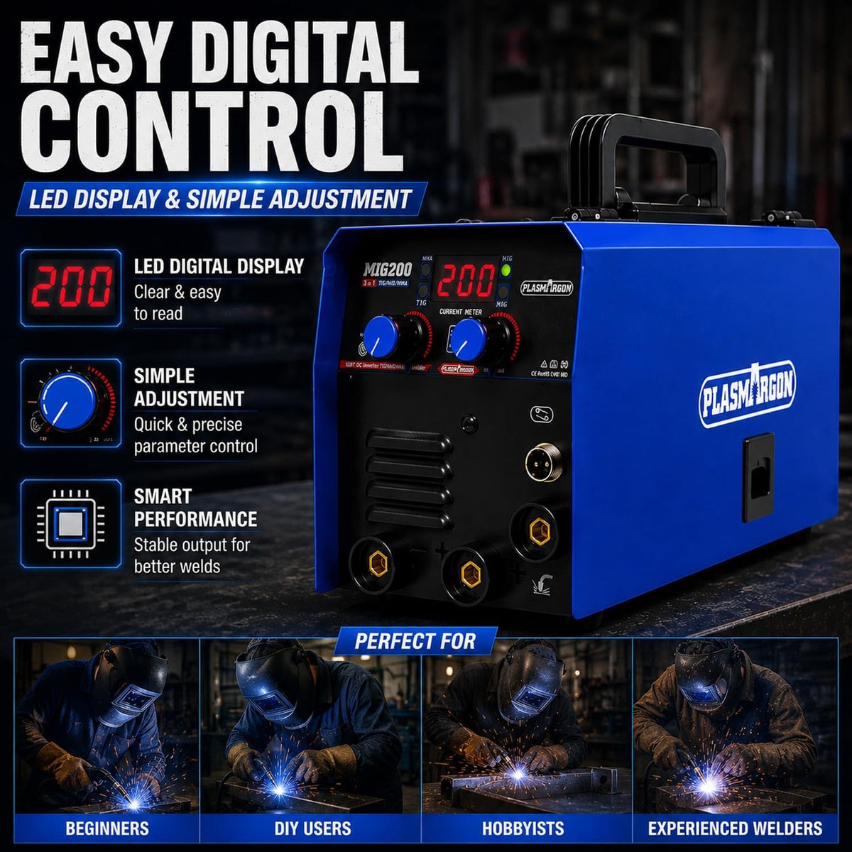 MIG200 LED digital display with simple adjustment knobs and smart performance for stable welding output