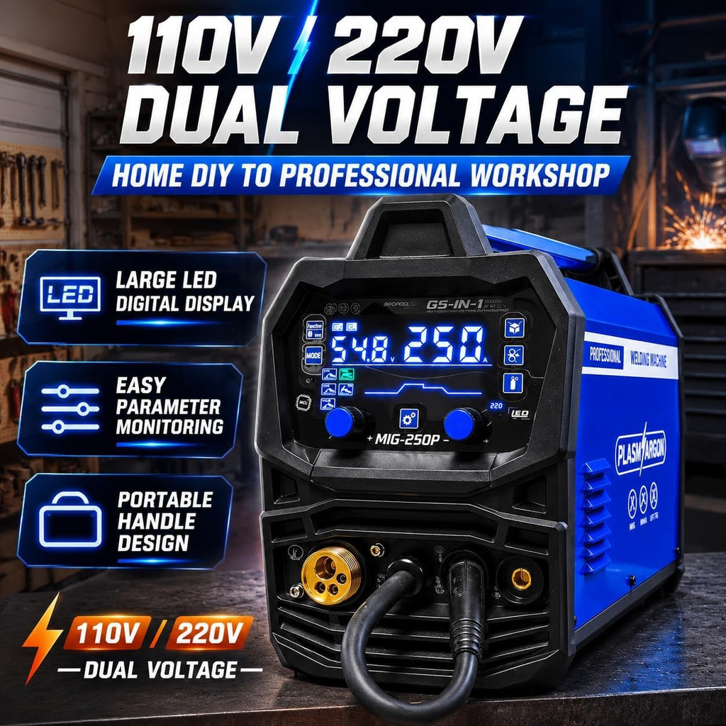 MIG-250P 110V and 220V dual voltage for home DIY to professional workshop, large LED digital display and portable handle design