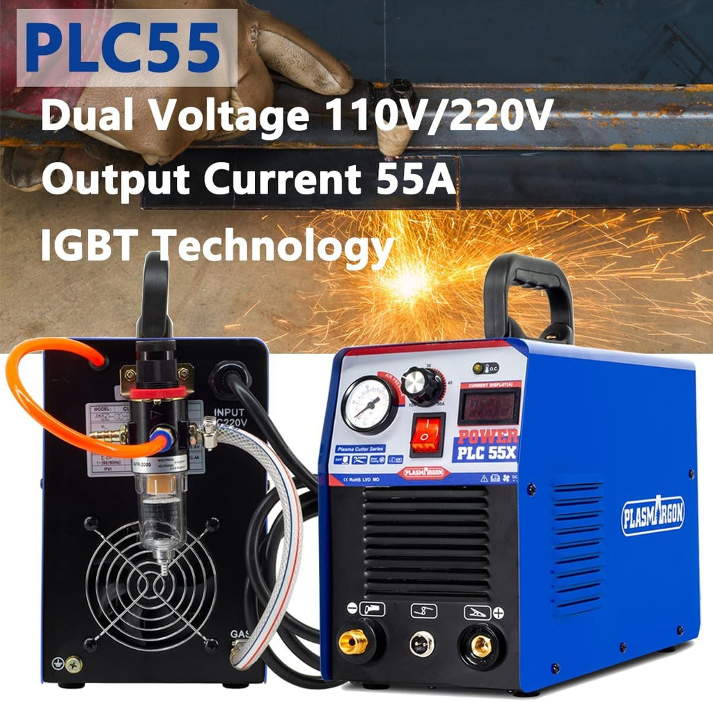 PLC55X dual voltage 110V/220V 55A IGBT plasma cutter with air pressure filter and gas connection on the rear panel