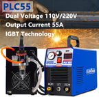 PLC55X dual voltage 110V/220V 55A IGBT plasma cutter with air pressure filter and gas connection on the rear panel