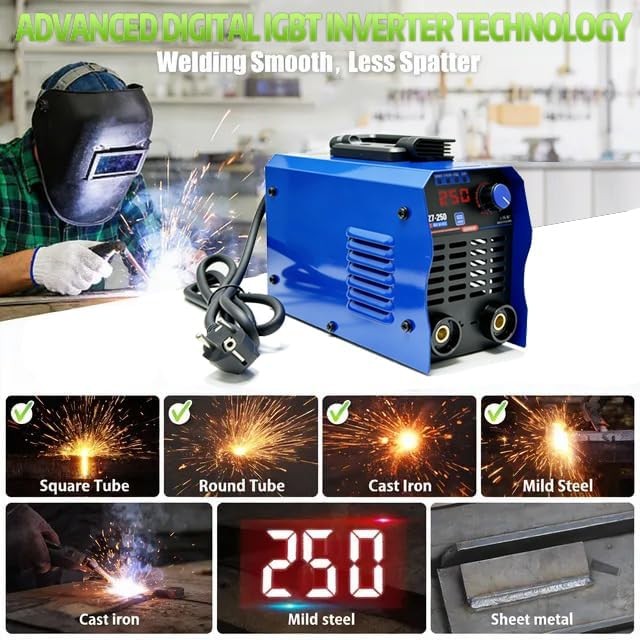 ZX7-250 advanced digital IGBT inverter technology with weld examples on square tube, round tube, cast iron, mild steel and sheet metal