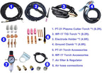 CT-418 package contents numbered: PT-31 plasma cutter torch, WP-17 TIG torch, electrode holder, ground clamp, PT-31 and WP-17 torch accessories, air filter and regulator, air hose connections