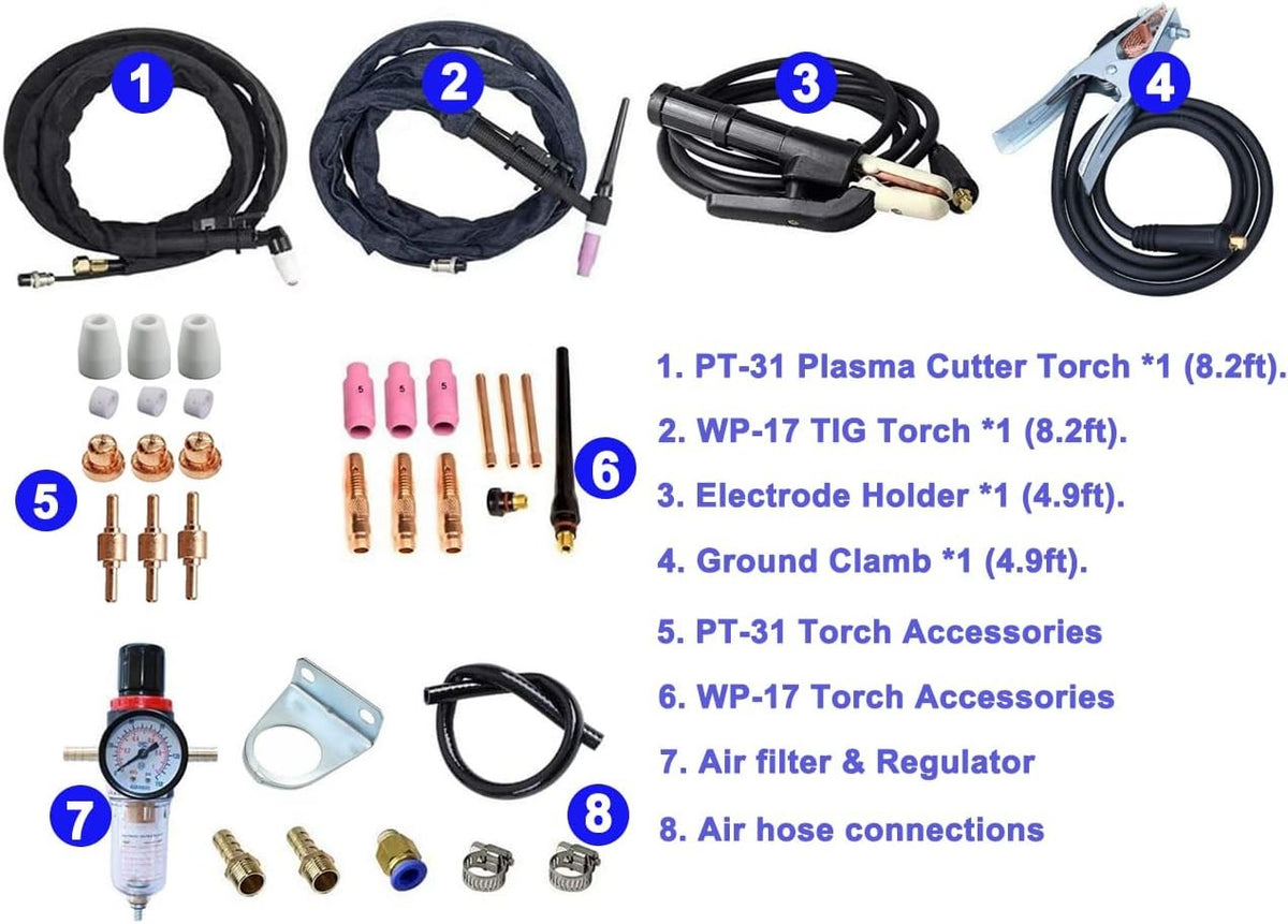 CT-418 package contents numbered: PT-31 plasma cutter torch, WP-17 TIG torch, electrode holder, ground clamp, PT-31 and WP-17 torch accessories, air filter and regulator, air hose connections