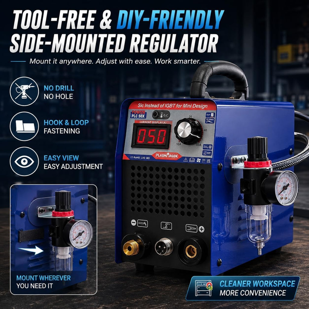 PLC 50X tool-free DIY-friendly side-mounted air regulator with hook and loop fastening, no drill required, easy view and adjustment