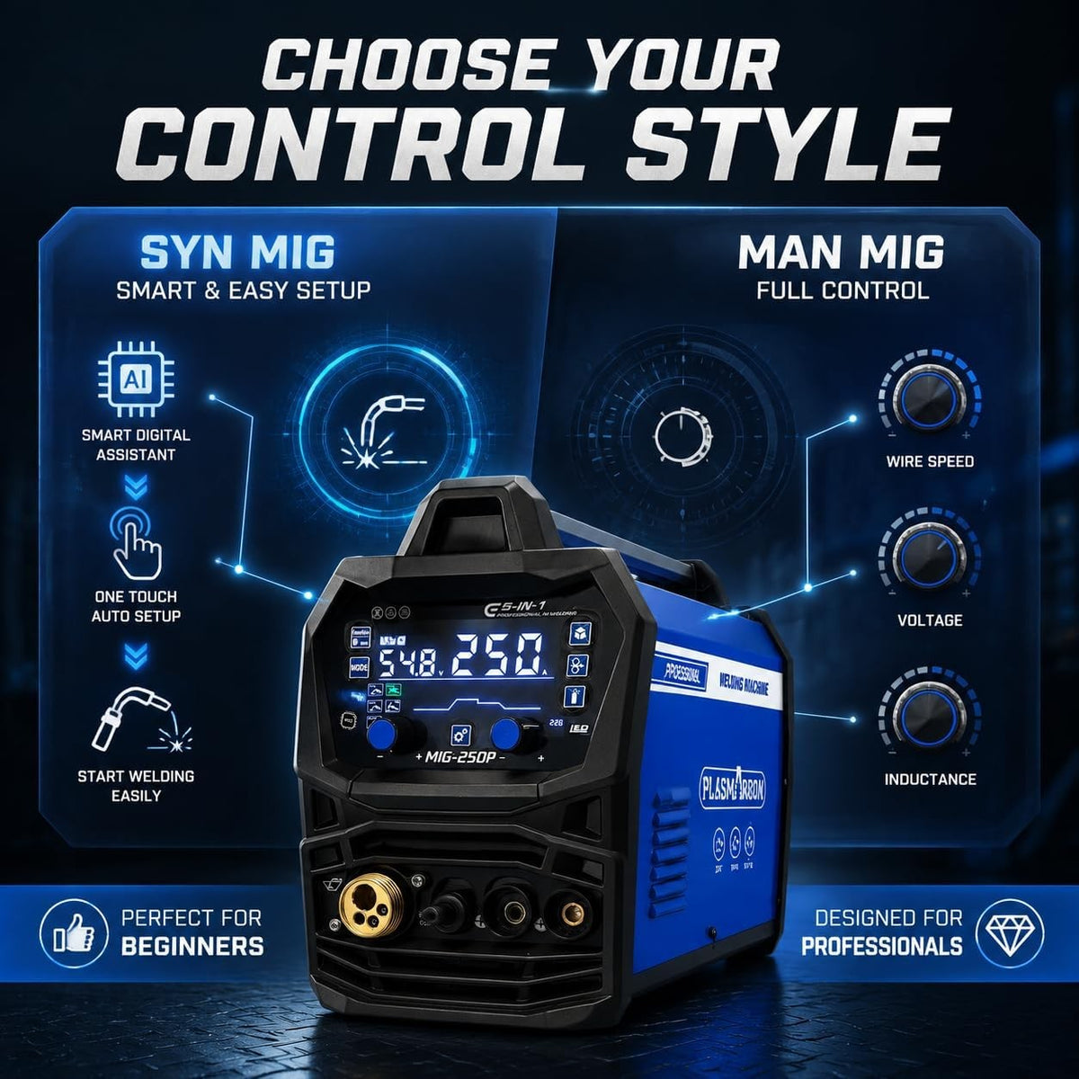 MIG-250P choose your control style: SYN MIG smart easy setup for beginners, MAN MIG full control of wire speed voltage and inductance for professionals