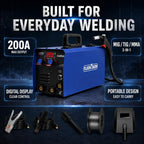 MIG200 welder full kit with 200A max output, MIG TIG MMA 3-in-1 functions, digital display and included accessories