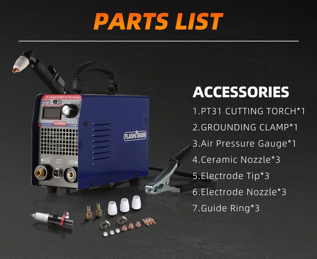 PLC 50X parts list: PT31 cutting torch, grounding clamp, air pressure gauge, 3 ceramic nozzles, 3 electrode tips, 3 electrode nozzles, 3 guide rings