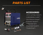 PLC 50X parts list: PT31 cutting torch, grounding clamp, air pressure gauge, 3 ceramic nozzles, 3 electrode tips, 3 electrode nozzles, 3 guide rings