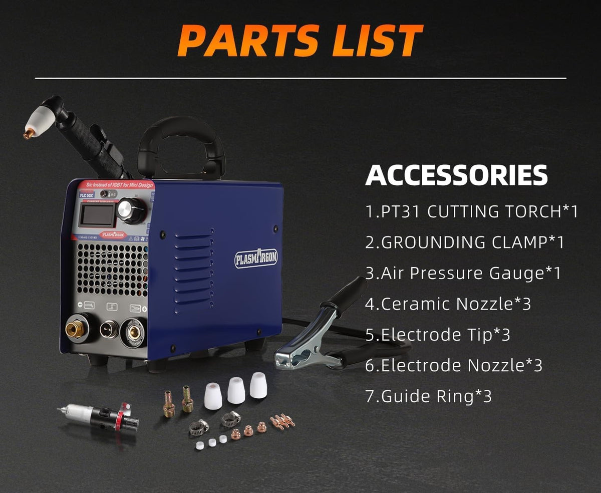 PLC 50X parts list: PT31 cutting torch, grounding clamp, air pressure gauge, 3 ceramic nozzles, 3 electrode tips, 3 electrode nozzles, 3 guide rings