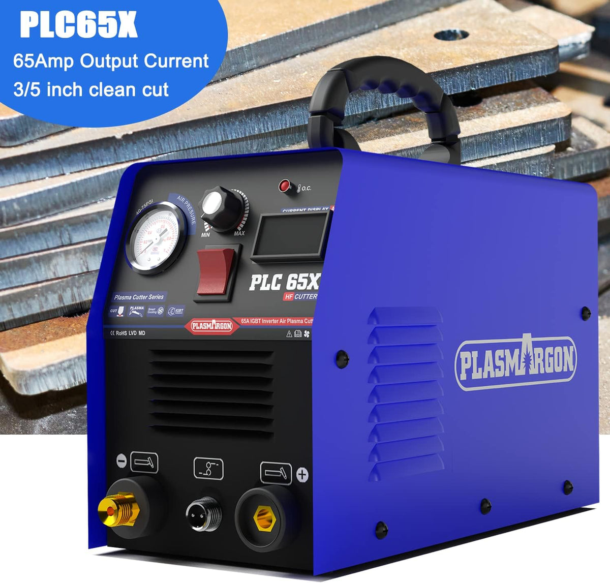 PLASMARGON PLC65X 65A plasma cutter making a 3/5 inch clean cut on steel at 220V