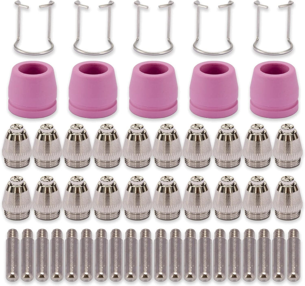 WSD60 AG60 50PCS plasma cutter consumables kit: electrodes, tip nozzles, shroud cups and guides laid out