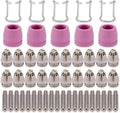 WSD60 AG60 50PCS plasma cutter consumables kit: electrodes, tip nozzles, shroud cups and guides laid out