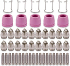 WSD60 AG60 50PCS plasma cutter consumables kit: electrodes, tip nozzles, shroud cups and guides laid out