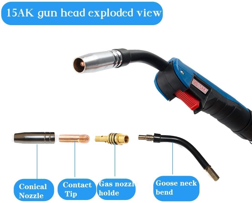 MB-15AK gun head exploded view: conical nozzle, contact tip, gas nozzle holder, goose neck bend