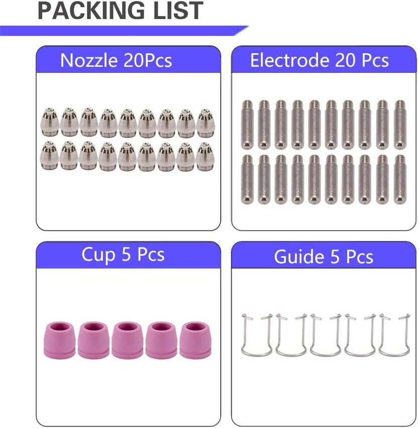 Packing list of the WSD60 kit: 20 nozzles, 20 electrodes, 5 shroud cups, 5 guides