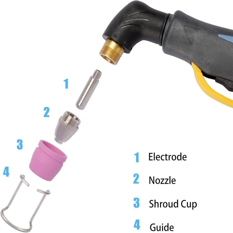 Exploded view of the WSD60 pilot arc torch head: 1 electrode, 2 nozzle, 3 shroud cup, 4 guide