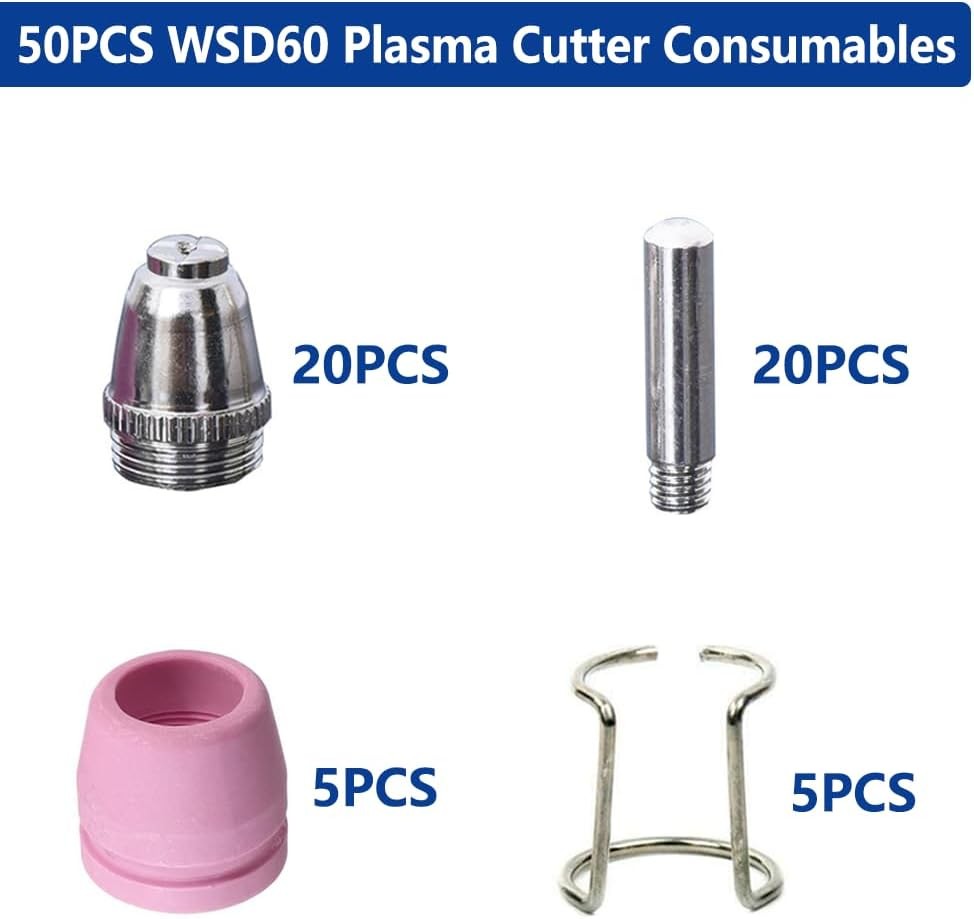 50PCS WSD60 plasma cutter consumables: 20 nozzles, 20 electrodes, 5 cups, 5 guides