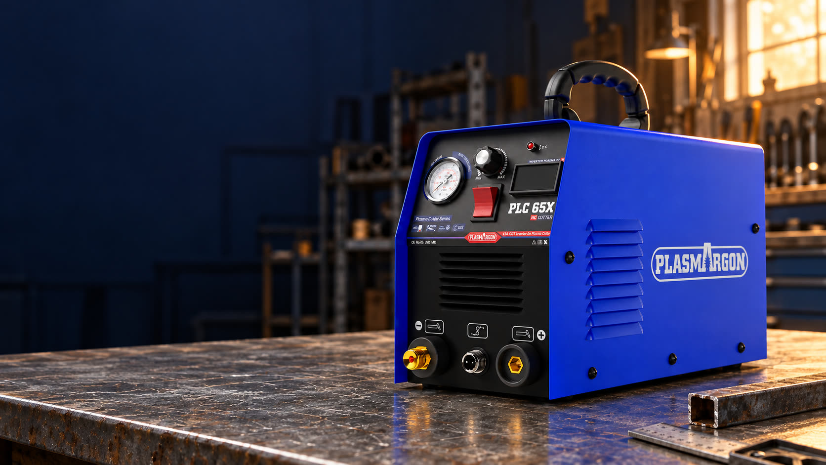 PLC65X contact-start plasma cutter on a steel workshop bench